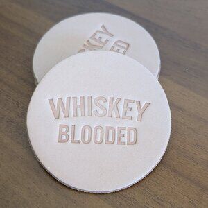 Made in USA Genuine Leather Coaster Set (4) – “Whiskey Blooded” – Natural